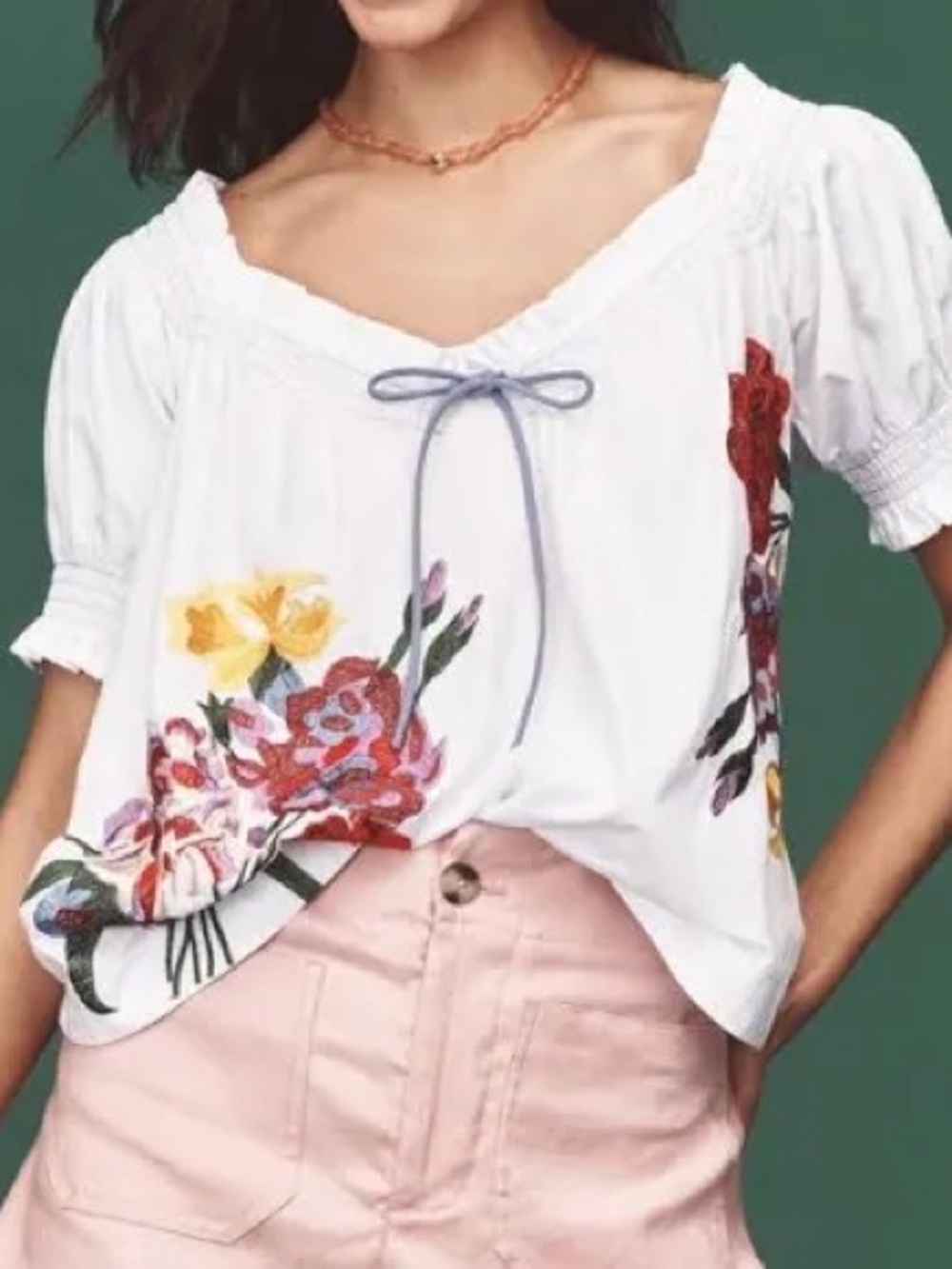 Anthropologie White Floral Embroidered Peasant Top Boho style XS